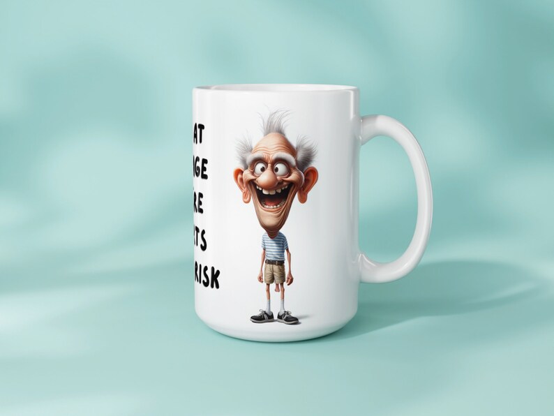 Mockup image of an 11oz or 15oz mug with a sublimation design featuring a funny old man and the text I am at the age where shorts are a risk The mug is displayed against a light blue background showing its physical appearance