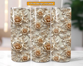 May include: Three stainless steel tumblers with a floral design. The design features gold roses, leaves, and pearls on a cream background. The text "12 Free Designs Included" is in the top right corner.