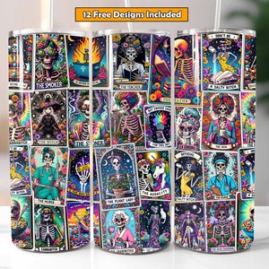 Colorful sublimation tumbler wrap featuring sarcastic tarot card designs with skeleton motifs, ideal for 20oz tumbler wraps