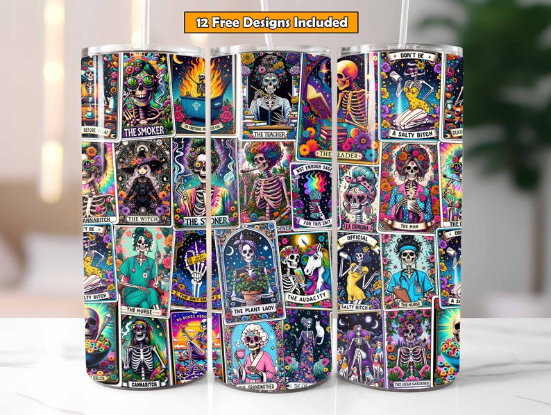 Colorful sublimation tumbler wrap featuring sarcastic tarot card designs with skeleton motifs, ideal for 20oz tumbler wraps
