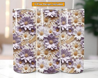 May include: Three stainless steel tumblers with a floral design. The design features 3D lavender and white flowers with gold accents and small purple pearls. The text "12 Free Designs Included" is in the top right corner.