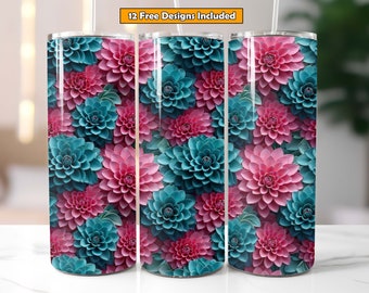 May include: Three stainless steel tumblers with a floral design. The tumblers feature a repeating pattern of pink and blue flowers. The text "12 Free Designs Included" is printed on the top of the image.