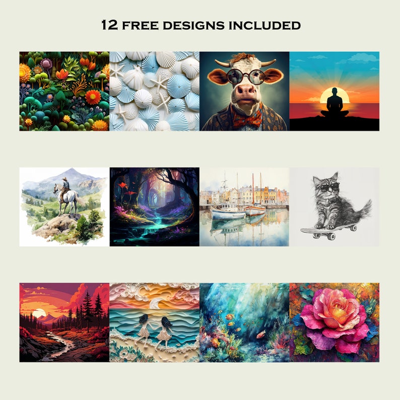 Puede incluir: Un collage de 12 im&aacute;genes de arte digital diferentes. Las im&aacute;genes incluyen un arreglo floral, conchas marinas, una vaca con gafas de sol, una persona meditando al atardecer, un vaquero montando a caballo, una escena de bosque, un puerto con barcos, un gato con gafas de sol en una patineta, un paisaje de atardecer, una escena de playa con dos chicas, una escena submarina con corales y peces, y una rosa rosa.