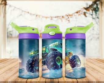 Monster Truck 12oz Kids Flip Top Sippy Cup Tumbler Wrap, 12oz Rechte Tumbler Sublimatie PNG, Childrens Truck Tumbler Wrap Design