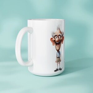 11oz or 15oz mug mockup showcasing a sublimation design with a humorous old man character and the text I am at the age where shorts are a risk The mug is set against a light blue background demonstrating its real-life look