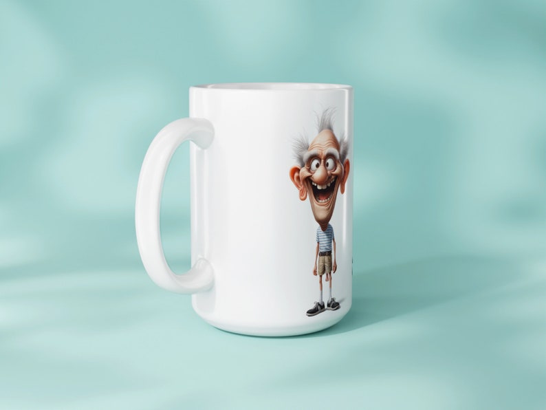 11oz or 15oz mug mockup showcasing a sublimation design with a humorous old man character and the text I am at the age where shorts are a risk The mug is set against a light blue background demonstrating its real-life look