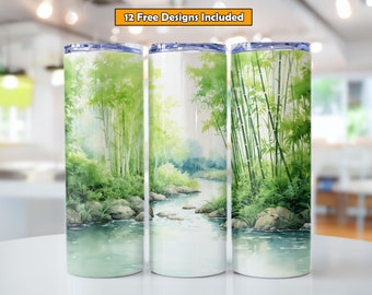 Watercolour Forest Tumbler Wrap 20 oz Skinny Tumbler Nature Bamboo Forest Tumbler Seamless Design Digital Download Tumbler Nature River