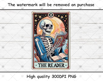 The Reader Tarot Card PNG, Reading Skeleton Tarot Card Sublimation Design, Book Lover Tarot Design, Tarot Sublimation PNG, Reading Tarot PNG