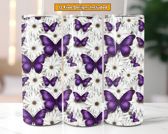 3D Purple Butterfly Flowers 20oz Skinny Tumbler Design Butterfly Tumbler Straight Tumbler Wrap Instant Digital Download PNG