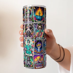 Vibrant sublimation design of sarcastic tarot cards on a 20oz tumbler, showcased in a person's hand for a close-up look.