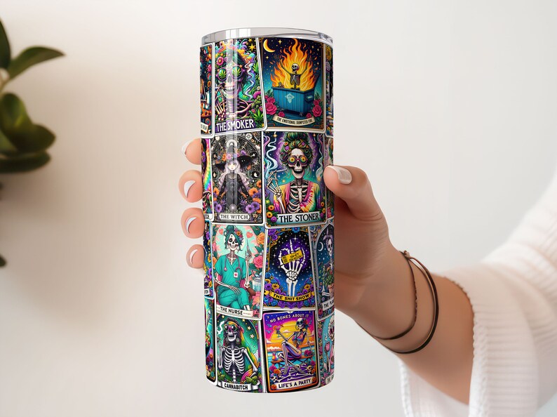Vibrant sublimation design of sarcastic tarot cards on a 20oz tumbler, showcased in a person's hand for a close-up look.