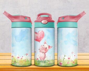 Cute Piglet 12oz Kids Flip Top Sippy Cup Tumbler Wrap, 12oz Straight Tumbler Sublimation, Cute Kids Tumbler Wrap Design for Girls