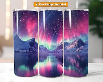 Diseño de sublimación de paisaje de montaña de auroras boreales para 20oz Skinny Tumbler Wrap Aurora Borealis Tumbler Diseño Descarga digital