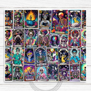 Full wrap preview of sarcastic tarot sublimation design for a 20oz straight tumbler, displaying colourful, sarcastic tarot card illustrations for unique style.