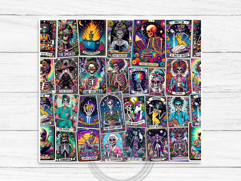 Full wrap preview of sarcastic tarot sublimation design for a 20oz straight tumbler, displaying colourful, sarcastic tarot card illustrations for unique style.