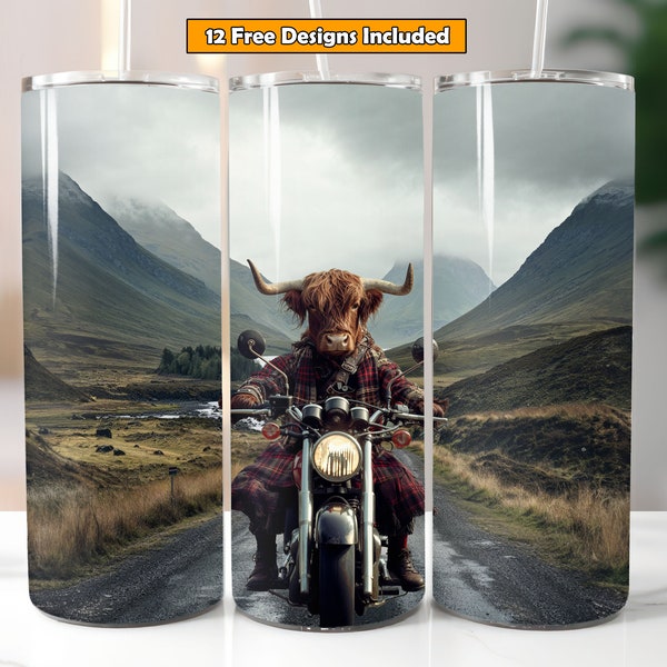 Funny Highland Cow on a Motorbike Sublimation Design for 20oz Tumbler Highland Cow PNG Digital Download Seamless Design Highland Cow Tumbler