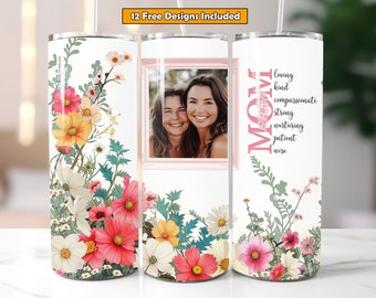 Mamá foto vaso envoltura sublimación diseño floral agregar propia foto Día de las madres vaso diseño descarga digital diseño sin costuras