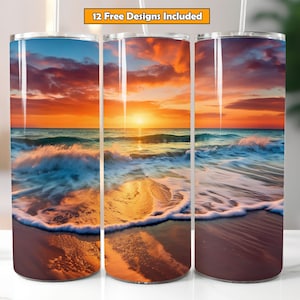 Beach Tumbler Wrap Sublimation Design for 20oz Skinny Tumbler Beach Sunset Tumbler Digital Download Beach Tumbler PNG Seamless Design 1