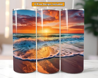 Beach Tumbler Wrap Sublimation Design for 20oz Skinny Tumbler Beach Sunset Tumbler Digital Download Beach Tumbler PNG Seamless Design