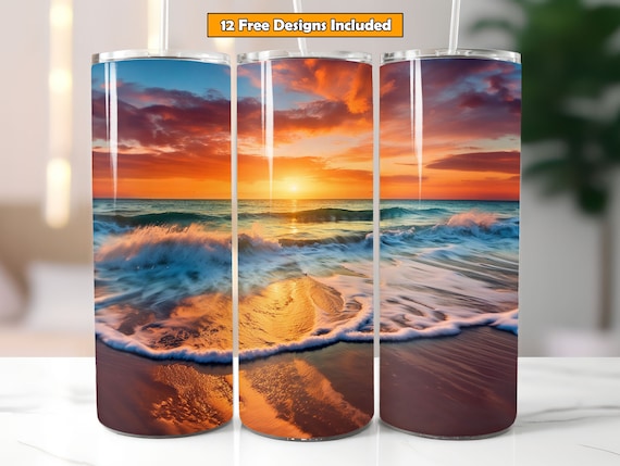Beach Tumbler Wrap Sublimation Design for 20oz Skinny Tumbler Beach Sunset Tumbler Digital Download Beach Tumbler PNG Seamless Design
