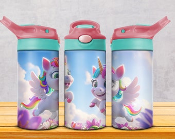 May include: Three pink and teal water bottles with a unicorn design. Each bottle features a different unicorn with a rainbow mane and tail, flying against a blue sky with clouds.
