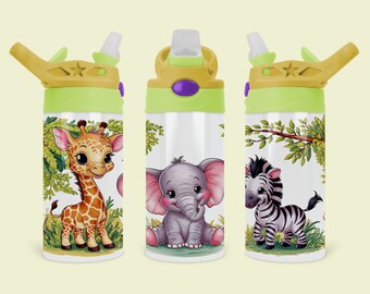 12oz Straight Sublimation Sippy Cup Wrap, Safari Animals Sippy Cup Sublimation PNG, Elephant, Zebra, Instant Download, Tumbler Template