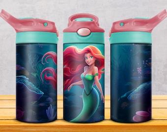 Sirena 12oz niños Flip Top Sippy Cup Tumbler Wrap, 12oz niños vaso sublimación PNG, linda sirena sublimación colorida niños sirena PNG