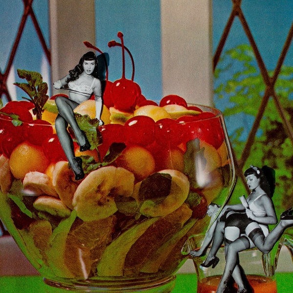 Fruit CockTAIL - Collage Art | Vintage Print | Kitchen Wall Art | 70s Wall Art | Retro Poster | Bar Cart Art | Betty Page | Food Art Print