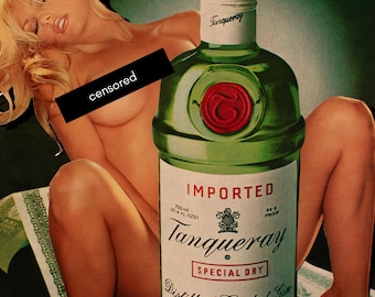 May include: A vintage advertisement featuring a green Tanqueray gin bottle with a red wax seal. The bottle is labeled "Imported" and "Special Dry." The background includes a partially visible nude figure with a black censor bar.