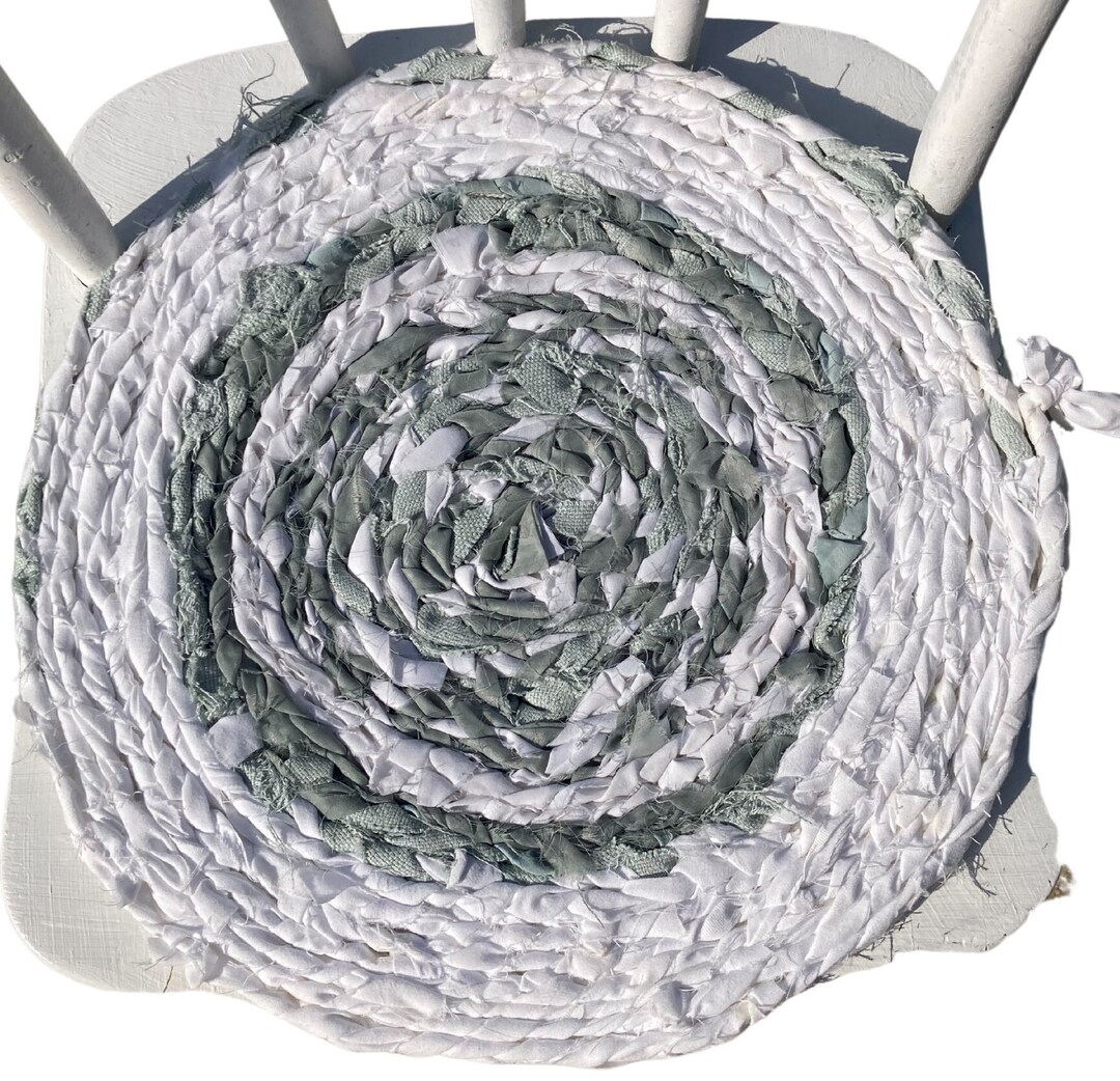 Sage Green and Soft White Rag Rug Chair Pad, Seat Pad Waving Palm
