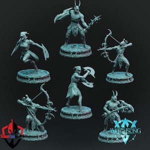 May include: A collection of detailed, light blue fantasy miniatures. The figures depict various characters with weapons like bows, axes, and spiked clubs. Each miniature stands on a textured base. The image includes the text "Witchsong" and "TribalClan Battles".