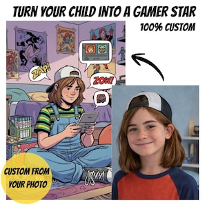 Könnte beinhalten: Comic-Stil-Illustration einer Person, die ein Handheld-Spiel spielt, mit Sprechblasen mit den Worten "ZAP!" und "ZOW!". Das Bild enthält den Text "TURN YOUR CHILD INTO A GAMER STAR" und "100% CUSTOM". Ein Foto eines Kindes mit Baseballkappe ist ebenfalls enthalten.