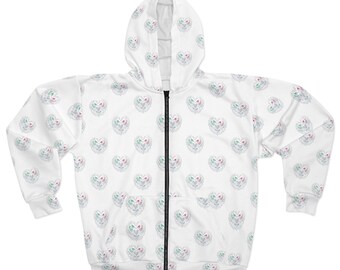 Birds of Love AOP Unisex White Zip-Up Hoodie