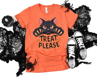 Cute Black Cat "Treat Please" Bella Canvas T-Shirt - Fun Halloween Cat Design Tee