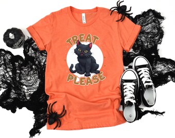 Smiling Black Cat - Treat Please - Bella Canvas T-Shirt, Fun Halloween Cat Design Tee