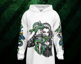 Athletic White Elongated Hoodie – Gothic Dagger & Serpent AOP