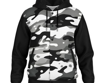 Gray, White   Black Camo w Black Sleeves Baseball Hoodie Jacket