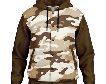 Tan, Beige & Brown Camo w Brown Sleeves Baseball Hoodie Jacket