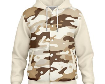 Tan, Beige & Brown Camo w Cream Sleeves Baseball Hoodie Jacket
