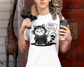 Funny Deadpan Cartoon Cat "Boo, I Guess" Halloween T-Shirt
