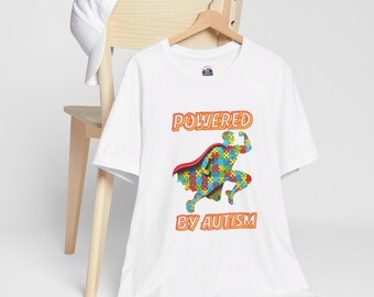 Powered by Autism Superhero Puzzle Piece T-Shirt, Bella Canvas Short Sleeve Tee