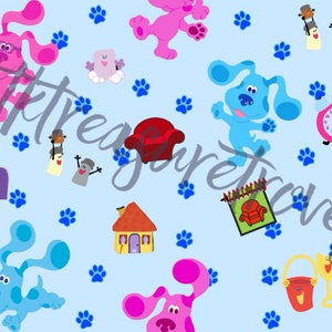 May include: A blue and pink cartoon dog pattern on a light blue background. The pattern includes a mailbox, a house, a red armchair, a clock, a bucket, a notepad, and paw prints.