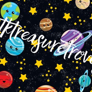 May include: A black background with yellow stars and planets with faces. The planets are blue, purple, brown, and red. The text "tttreasure trove" is written in white on the image.