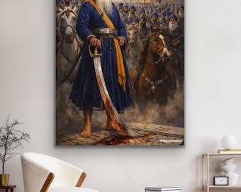 May include: A large canvas print depicts a historical scene of a Sikh warrior in a blue turban and robe, holding a sword. The warrior stands in front of a crowd of men on horseback, with a golden temple in the background.