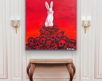 Surreal Bunny Skull Pile Painting | Dark Symbolic Acrylic Canvas Art