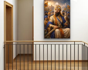 May include: A framed canvas print depicting a Sikh figure in traditional attire, seated with a sword and a falcon. The artwork features a detailed illustration with vibrant colors, set against a backdrop of a landscape with flags and figures.