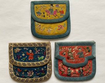 Antique Chinese Purses (Embroidered) Qing Dynasty (3 Pieces)
