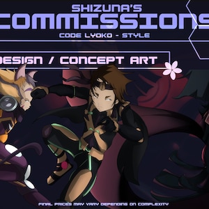 May include: Digital art commission advertisement featuring anime-style characters in dynamic poses. The image has text that reads "Shizuna's Commissions" and "New Design / Concept Art". The color palette includes purple, black, and gold.