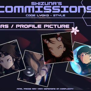 Peut inclure: Graphique promotionnel pour les Commissions de Shizuna, proposant des avatars et des photos de profil de style Code Lyoko. L'image présente des exemples de portraits d'avatars et le texte "Final prices may vary depending on complexity."