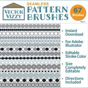 Könnte beinhalten: Ein Satz von 67 nahtlosen Musterpinseln für Adobe Illustrator. Die Pinsel zeigen verschiedene geometrische Muster, darunter Kreise, Quadrate und Dreiecke. Die Muster sind in Schwarz, Weiß und Grau gehalten. Der Text "SEAMLESS PATTERN BRUSHES" wird oben im Bild angezeigt. Der Text "67 Brushes" wird in einem orangefarbenen Kreis angezeigt.